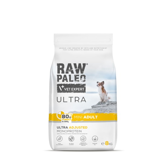 Hrană uscată pentru câini Raw Paleo Ultra Turkey Mini Adult  8kg