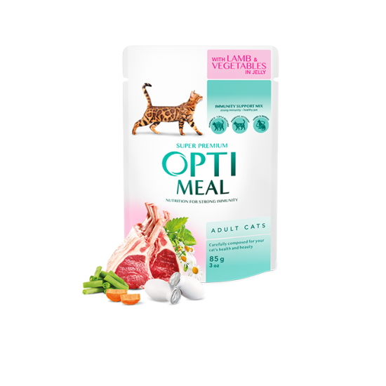 Hrana umeda pentru pisici adulte, Super Premium OPTIMEAL WET FOOD , miel si legume, 85g