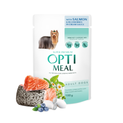 Hrana umeda pentru caini adulti, Super Premium OPTIMEAL, SOMON ȘI AFINE ÎN SOS CREMĂ, 100g