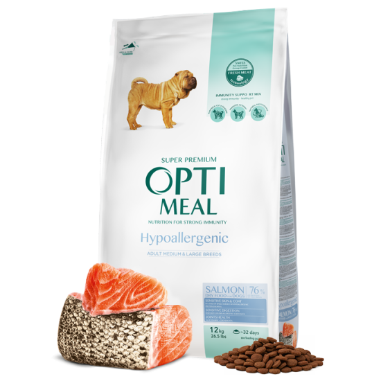 Hrana uscata pentru caini adulti DE TALIE MEDIE ȘI MARE, OPTIMEAL DRY FOOD, somon, 12 kg