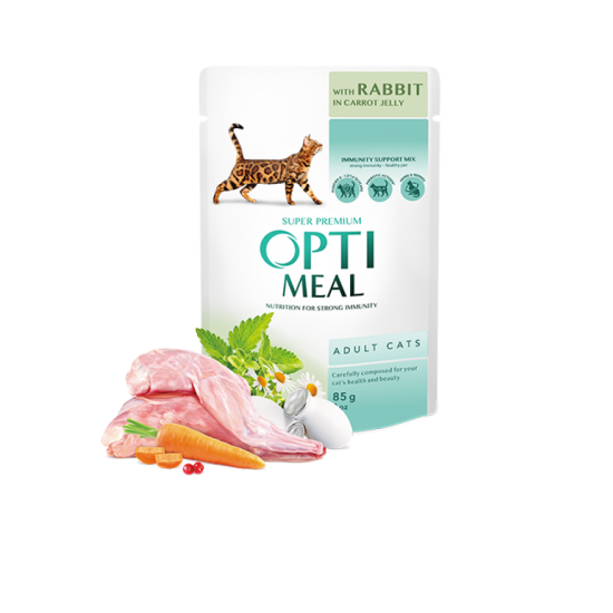 Hrana umeda pentru pisici adulte, Super Premium OPTIMEAL WET FOOD, IEPURE ÎN JELEU DE MORCOVI, 85g Hrana umeda pentru pisici adulte, Super Premium OPTIMEAL WET FOOD, IEPURE ÎN JELEU DE MORCOVI, 85g