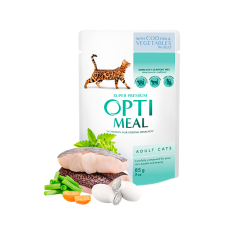 Hrana umeda pentru pisici adulte, Super Premium OPTIMEAL WET FOOD, COD SI LEGUME ÎN JELEU, 85g Hrana umeda pentru pisici adulte, Super Premium OPTIMEAL WET FOOD, COD SI LEGUME ÎN JELEU, 85g