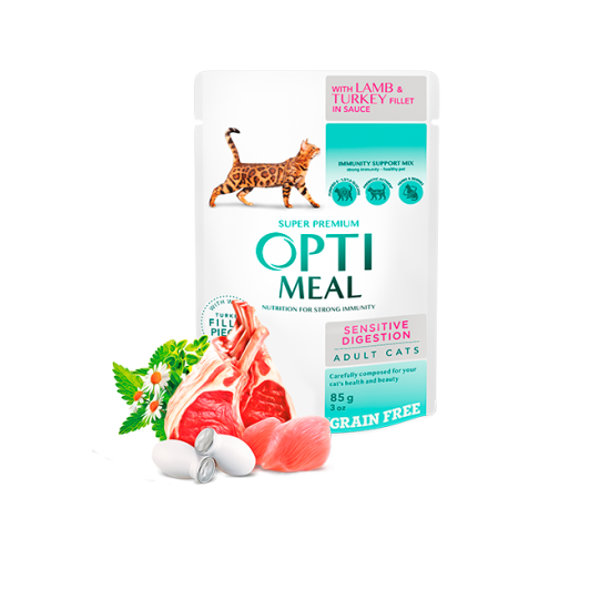 Hrana umeda pentru pisici adulte cu digestie sensibilă, Super Premium OPTIMEAL WET FOOD, fara cereale, curcan si ficat de miel in sos, 85g Hrana umeda pentru pisici adulte cu digestie sensibilă, Super Premium OPTIMEAL WET FOOD, fara cereale, curcan si ficat de miel in sos, 85g