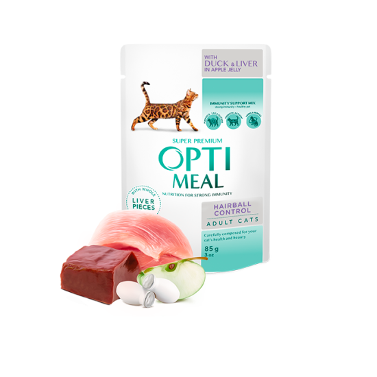 Hrana umeda pentru pisici adulte, Super Premium OPTIMEAL WET FOOD, Hairball control, CU RAȚĂ ȘI BUCĂȚI DE FICAT ÎN JELEU DE MERE, 85g Hrana umeda pentru pisici adulte, Super Premium OPTIMEAL WET FOOD, Hairball control, CU RAȚĂ ȘI BUCĂȚI DE FICAT ÎN JELEU DE MERE, 85g