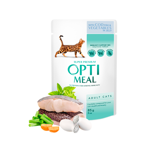 Hrana umeda pentru pisici adulte, Super Premium OPTIMEAL WET FOOD, COD SI LEGUME ÎN JELEU, 85g