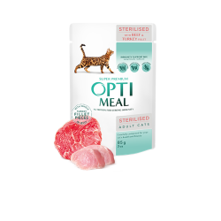 Hrana umeda pentru pisici sterilizate, Super Premium OPTIMEAL WET FOOD, CU VITĂ ȘI FILE DE CURCAN ÎN JELEU, 85g