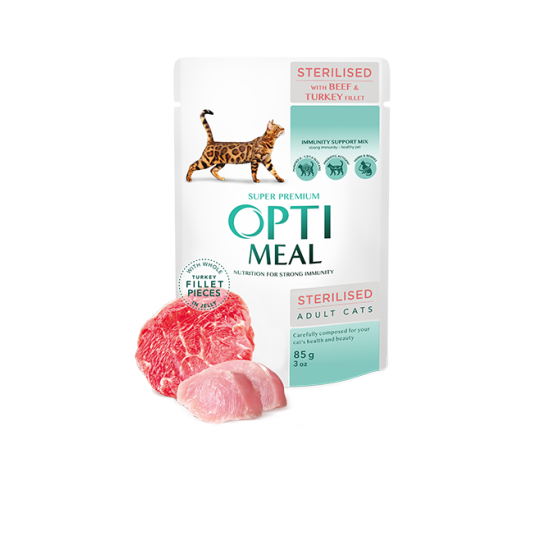 Hrana umeda pentru pisici sterilizate, Super Premium OPTIMEAL WET FOOD, CU VITĂ ȘI FILE DE CURCAN ÎN JELEU, 85g