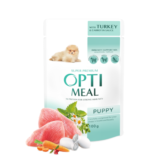 Hrana umeda pentru caini junior, Super Premium OPTIMEAL, CURCAN ȘI MORCOV ÎN SOS, 100g