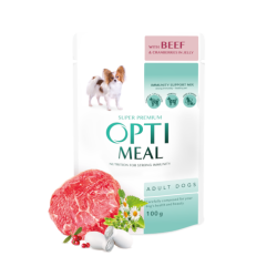 Hrana umeda pentru caini adulti, Super Premium OPTIMEAL CU VITĂ ȘI MERIȘOARE ÎN JELEU, 100g