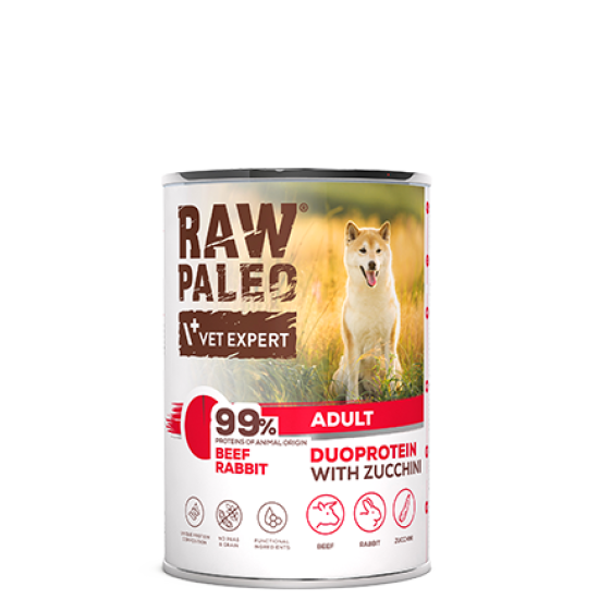 Hrană umedă pentru câini, adult, Raw Paleo Duo Protein, vită și iepure, 400g