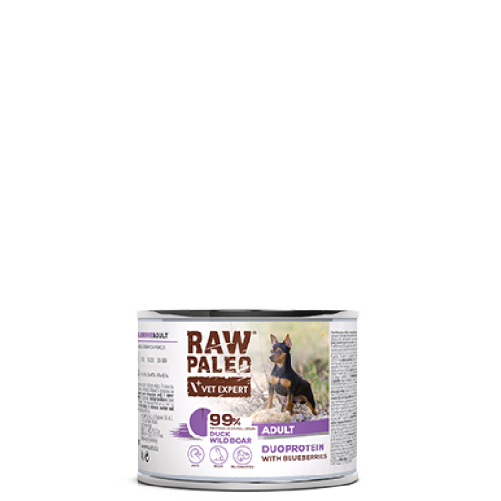 Hrană umedă pentru câini, adult, Raw Paleo Duo Protein, Rață cu Mistreț și Afine, 200g
