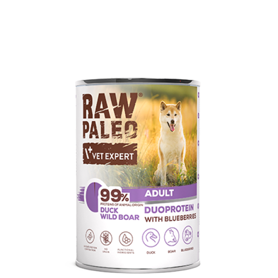 Hrană umedă pentru câini, adult, Raw Paleo Duo Protein, Rață cu Mistreț și Afine, 400g