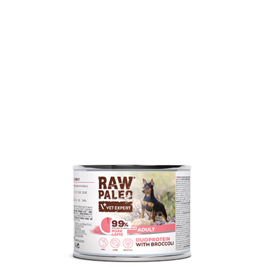 Hrană umedă pentru câini, adult, Raw Paleo Duo Protein, Porc cu Miel și Broccoli, 200g
