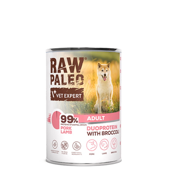 Hrană umedă pentru câini, adult, Raw Paleo Duo Protein, Porc cu Miel și Broccoli , 400g Hrană umedă pentru câini, adult, Raw Paleo Duo Protein, Porc cu Miel și Broccoli , 400g