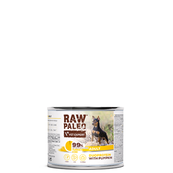 Hrană umedă pentru câini, adult, Raw Paleo Duo Protein, Curcan cu Cod și Dovleac, 200g