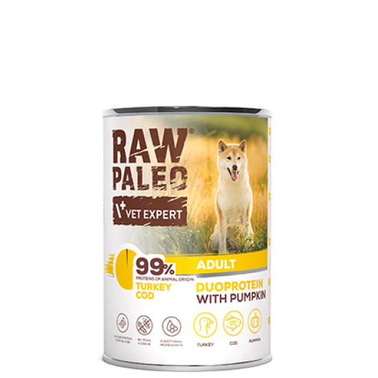 Hrană umedă pentru câini, adult, Raw Paleo Duo Protein, Curcan cu Cod și Dovleac, 400g Hrană umedă pentru câini, adult, Raw Paleo Duo Protein, Curcan cu Cod și Dovleac, 400g