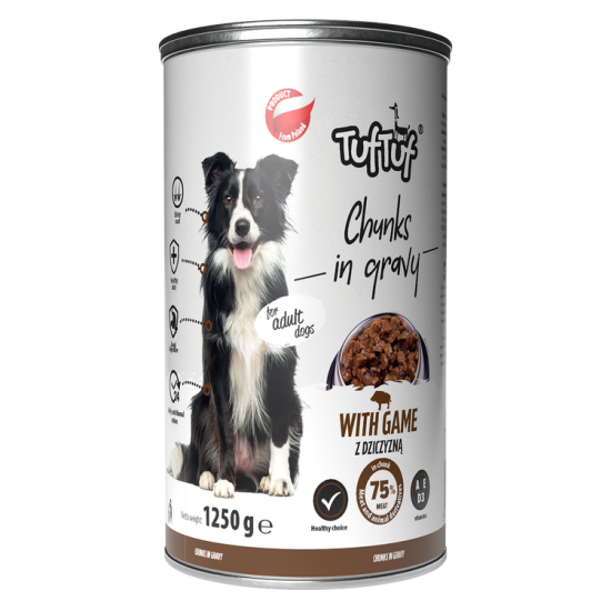 Conservă hrană umedă câini TUF TUF cu bucăți de vânat în sos
