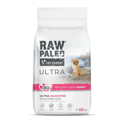Hrană uscată pentru câini junior, Raw Paleo Ultra Pork, talie medie si mare, 10 kg Hrană uscată pentru câini junior, Raw Paleo Ultra Pork, talie medie si mare, 10 kg
