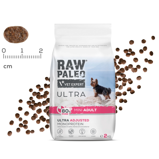 Hrană uscată pentru câini adulți Raw Paleo Ultra Pork, talie mică, 2 kg
