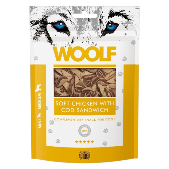 Recompense pentru câini WOOLF, sandvișuri din pui cu cod, 100 g