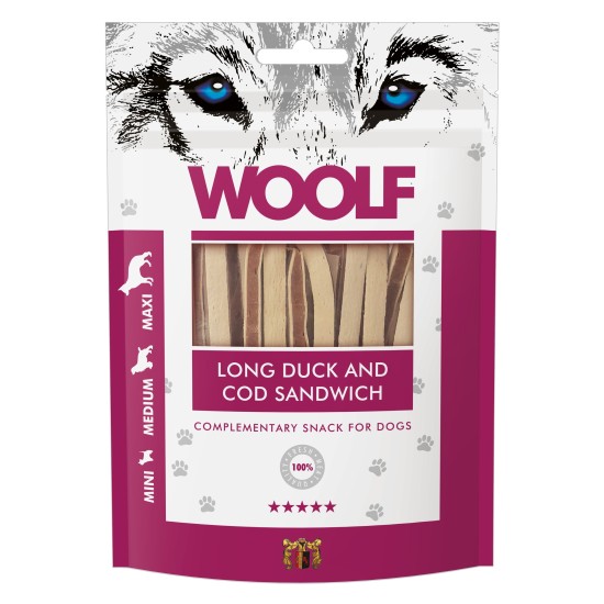Recompense pentru câini WOOLF, sandvișuri lungi din rață cu cod, 100 g