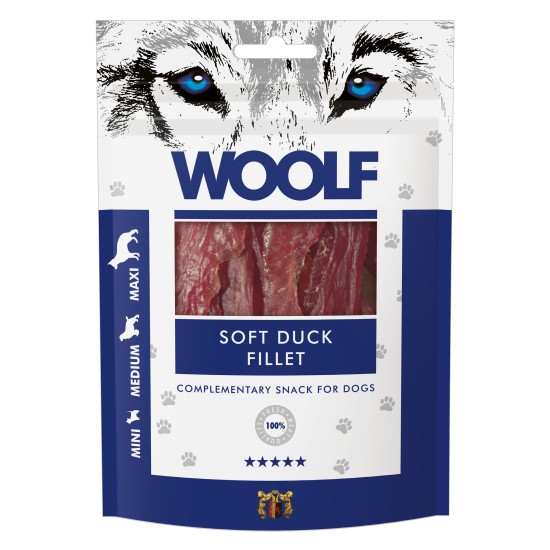 Recompense pentru câini WOOLF, file moi de rață, 100 g