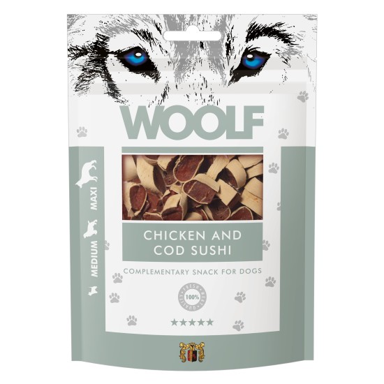 Recompense pentru câini WOOLF, sushi din pui cu cod, 100 g