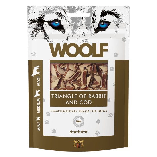 Recompense pentru câini WOOLF, triunghiuri din iepure cu cod, 100 g
