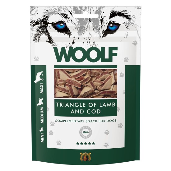 Recompense pentru câini WOOLF, triunghiuri din miel cu cod, 100 g