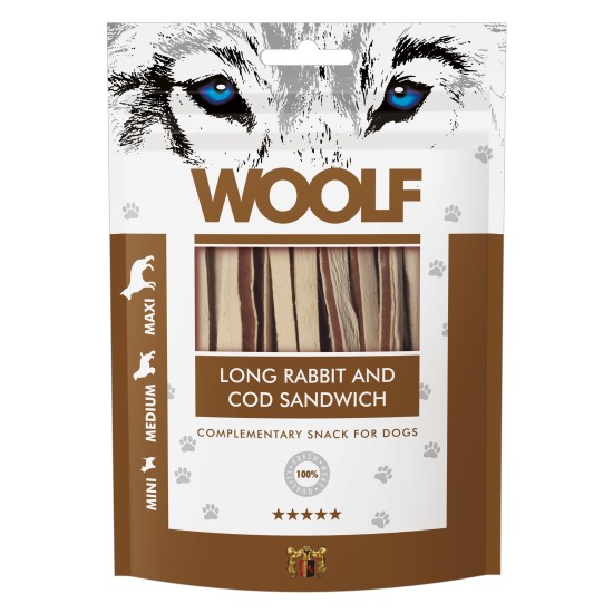 Recompense pentru câini WOOLF, sandvișuri lungi din iepure cu cod, 100 g