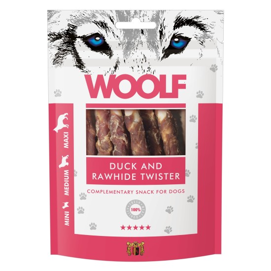 Recompense pentru câini WOOLF, spirale din rață și piele crudă, 100 g