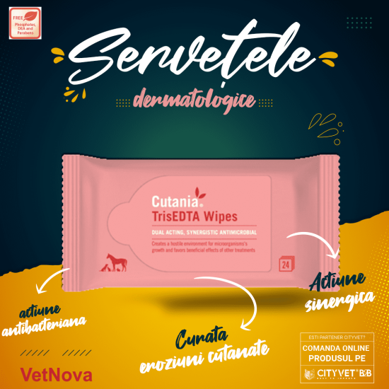 Servetele dermatologice cu actiune antibacteriana pentru ingrijirea și curatarea pielii, Cutania TrisEDTA Wipes, VetNova, 24 servetele