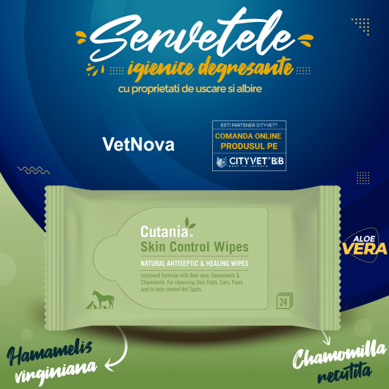 Servetele igienice degresante, cu proprietati de uscare si albire, CUTANIA Skin Control Wipes, VetNova, 24 servetele