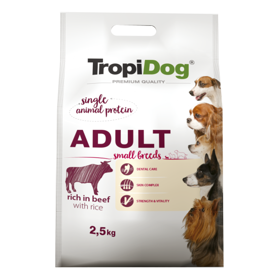 Hrana uscata pentru caini TropiDog, Premium Adult, tale mica, vita & orez, 2.5kg