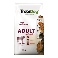 Hrana uscata pentru caini TropiDog, Premium Adult, tale mica, vita & orez, 8kg