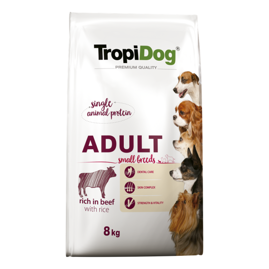 Hrana uscata pentru caini TropiDog, Premium Adult, tale mica, vita & orez, 8kg Hrana uscata pentru caini TropiDog, Premium Adult, tale mica, vita & orez, 8kg