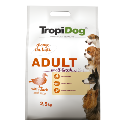 Hrana uscata pentru caini TropiDog, Premium Adult, tale mica, rata & orez, 2.5 kg