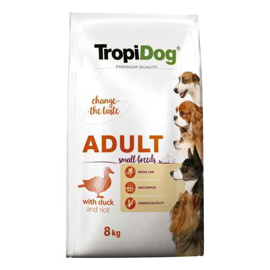 Hrana uscata pentru caini TropiDog, Premium Adult, tale mica, rata & orez, 8kg Hrana uscata pentru caini TropiDog, Premium Adult, tale mica, rata & orez, 8kg