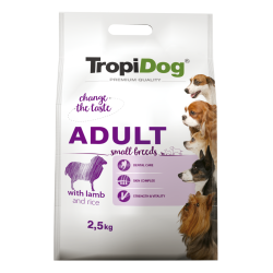 Hrana uscata pentru caini TropiDog, Premium Adult, tale mica, miel & orez, 2.5kg