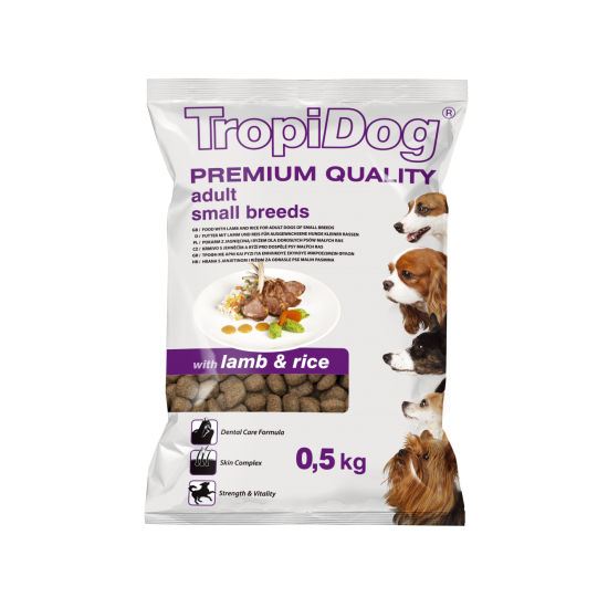 Hrana uscata pentru caini TropiDog, Premium Adult, tale mica, miel & orez, 500g