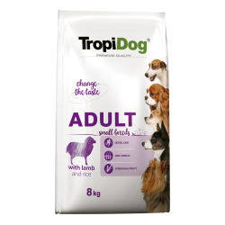 Hrana uscata pentru caini TropiDog, Premium Adult, tale mica, miel & orez, 8kg