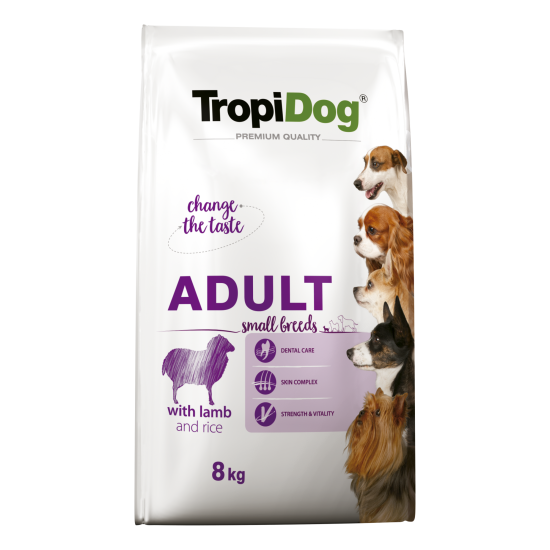 Hrana uscata pentru caini TropiDog, Premium Adult, tale mica, miel & orez, 8kg
