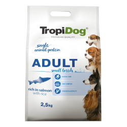 Hrana uscata pentru caini TropiDog, Premium Adult, tale mica, somon & orez, 2.5kg