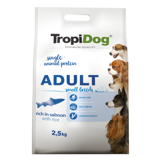 Hrana uscata pentru caini TropiDog, Premium Adult, tale mica, somon & orez, 2.5kg Hrana uscata pentru caini TropiDog, Premium Adult, tale mica, somon & orez, 2.5kg