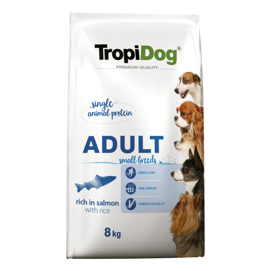 Hrana uscata pentru caini TropiDog, Premium Adult, tale mica, somon & orez, 8kg Hrana uscata pentru caini TropiDog, Premium Adult, tale mica, somon & orez, 8kg