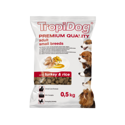 Hrana uscata pentru caini TropiDog, Premium Adult, tale mica, curcan & orez, 500g