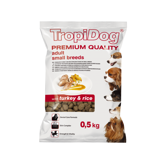 Hrana uscata pentru caini TropiDog, Premium Adult, tale mica, curcan & orez, 500g Hrana uscata pentru caini TropiDog, Premium Adult, tale mica, curcan & orez, 500g