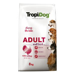 Hrana uscata pentru caini TropiDog, Premium Adult, tale mica, curcan & orez, 8kg