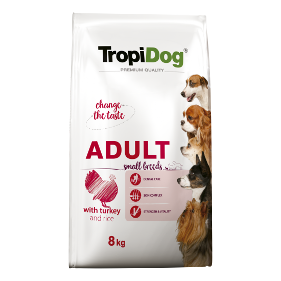 Hrana uscata pentru caini TropiDog, Premium Adult, tale mica, curcan & orez, 8kg Hrana uscata pentru caini TropiDog, Premium Adult, tale mica, curcan & orez, 8kg