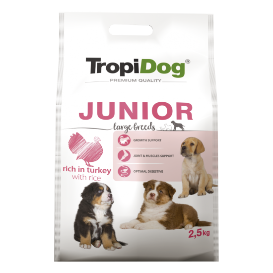 Hrana uscata pentru caini TropiDog, Premium Junior, tale mare, curcan & orez, 2.5kg